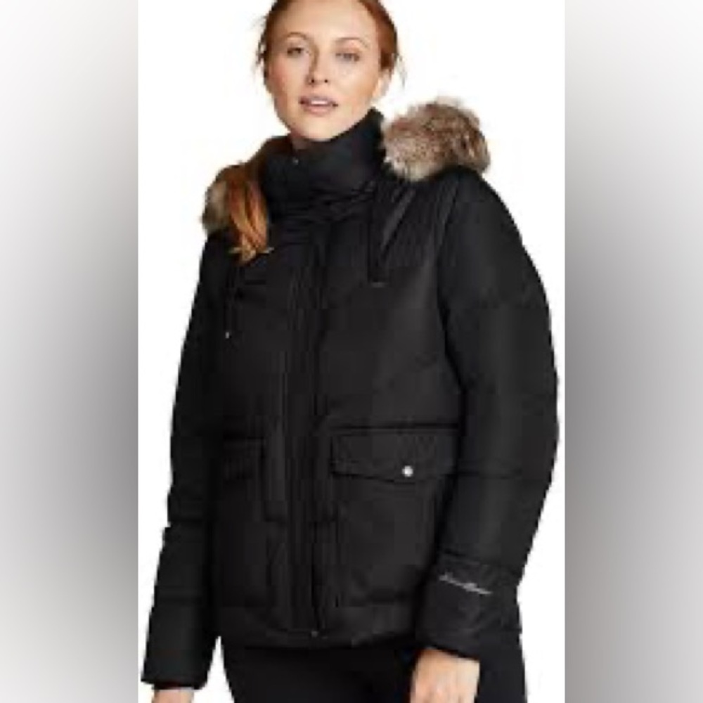 NWT Eddie Bauer Lodge Cascadian Down Fur Hoodie black